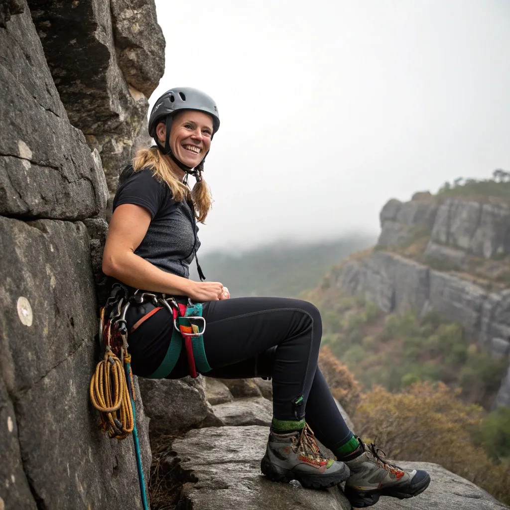 Sarah smiling with climbing gear
